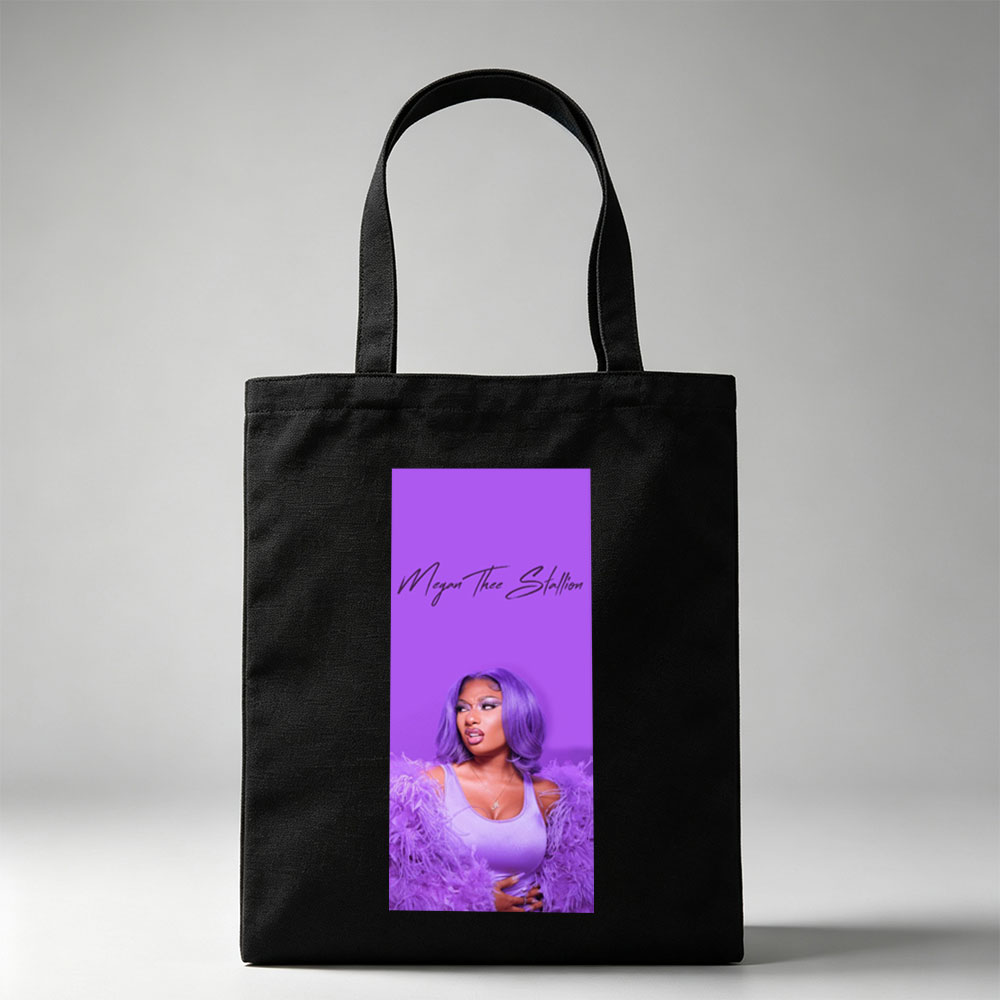 Megan Thee Stallion in Purple Feathered Outfit Against Vibrant Purple Background - Canvas tote bags