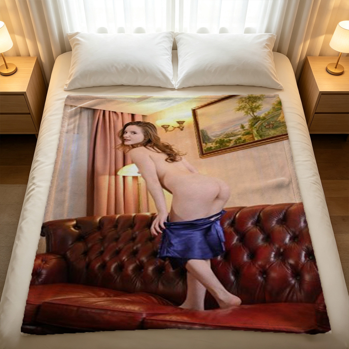 Nude Brunette with Bangs Covering Breasts in Pink Thong - Blanket