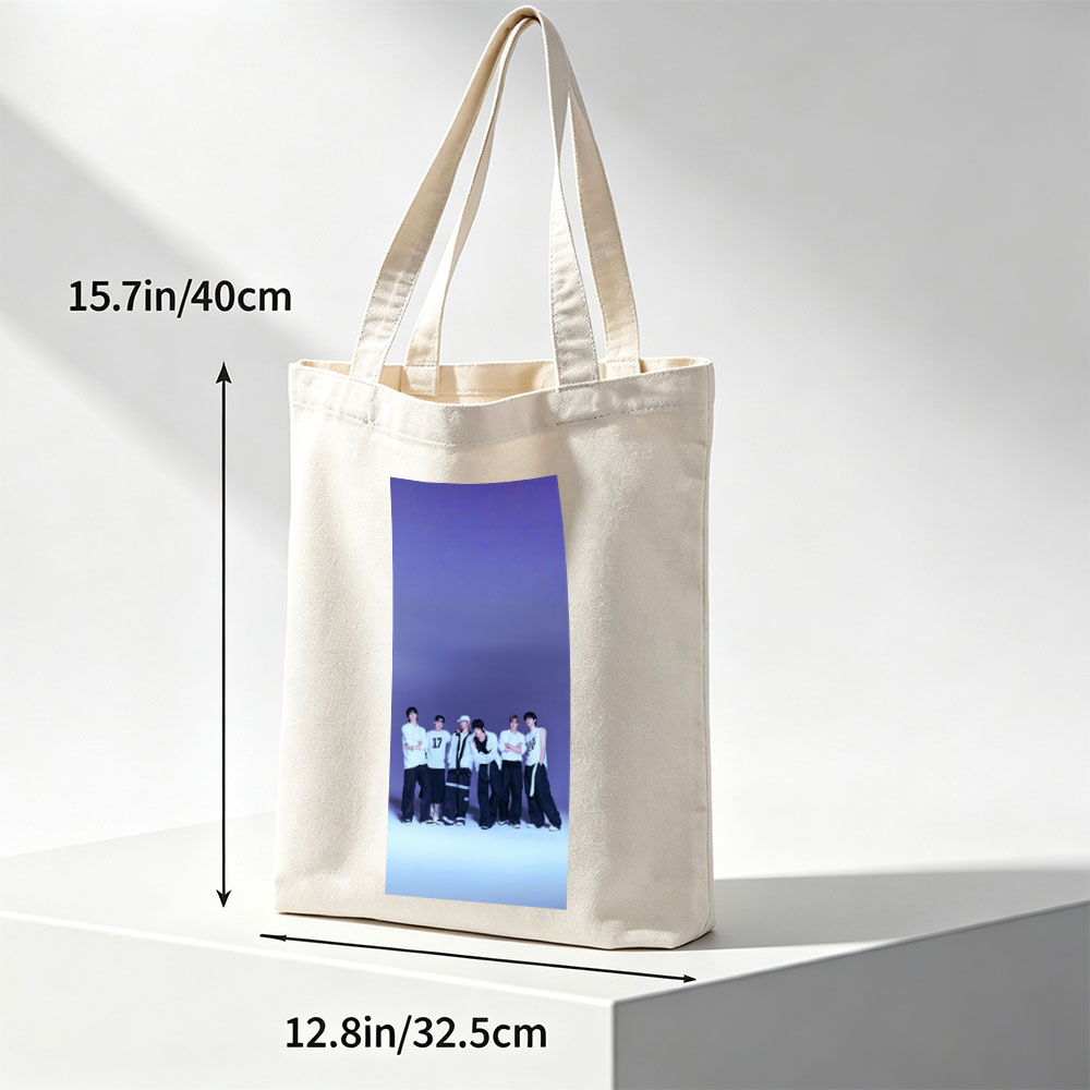 ENHYPEN Group Photo in Stylish White and Black Outfits Against a Purple Gradient Background - Canvas tote bags
