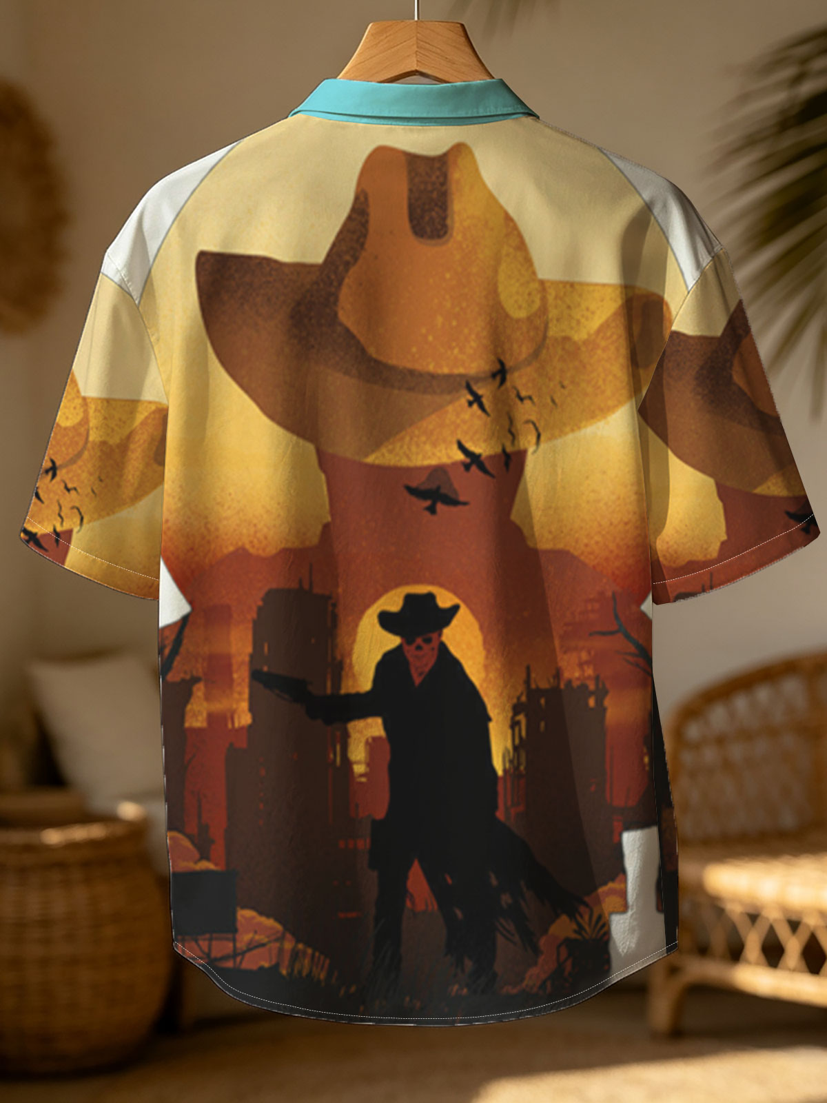 Cowboy Silhouette Against Sunset with Giant Hat and Birds in Sky -  Shirt