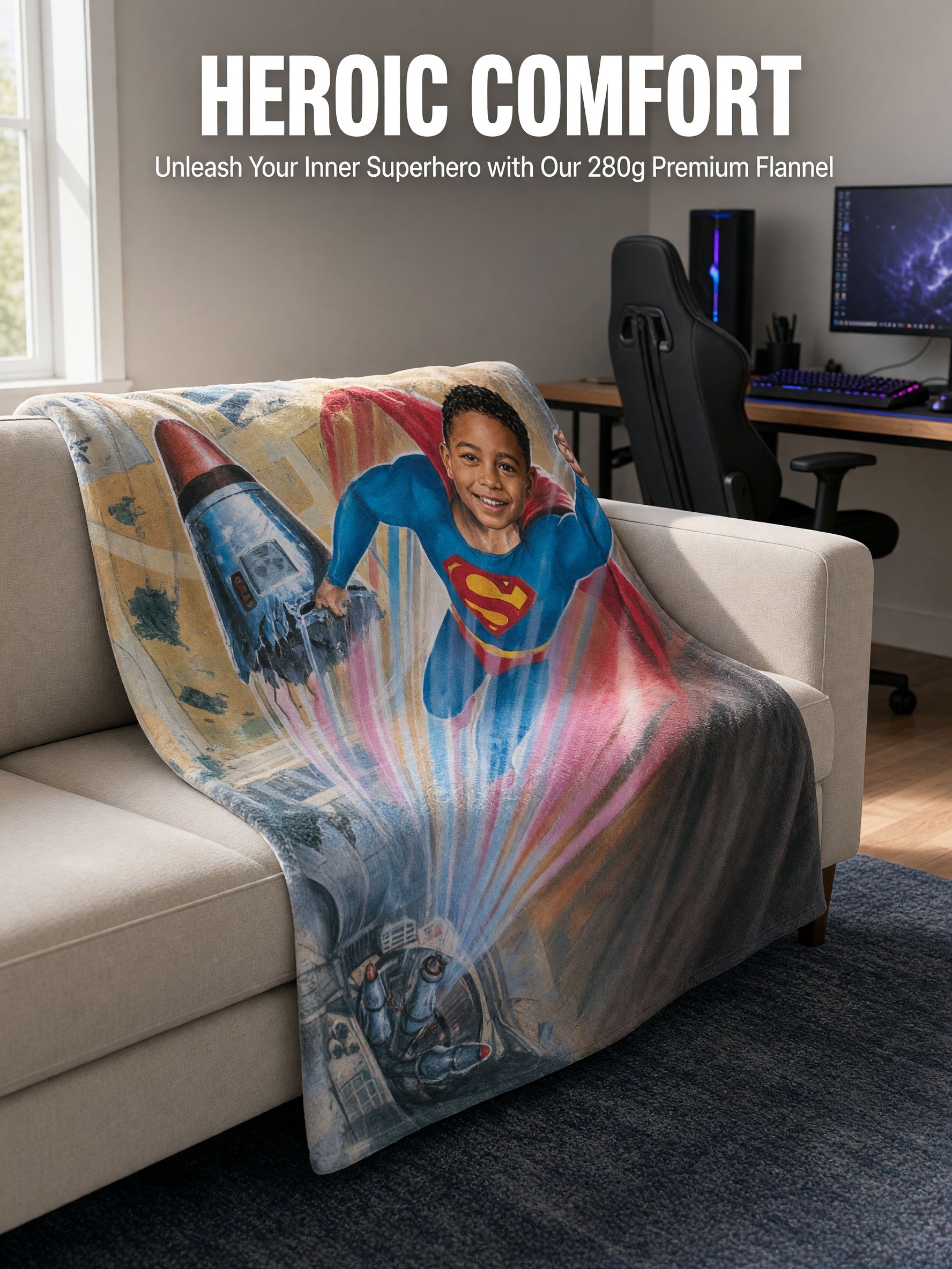 Custom Face Superhero Flannel Fleece Blanket, Ultra Soft Cozy Throw, Ideal Personalized Gift for Kids and Family