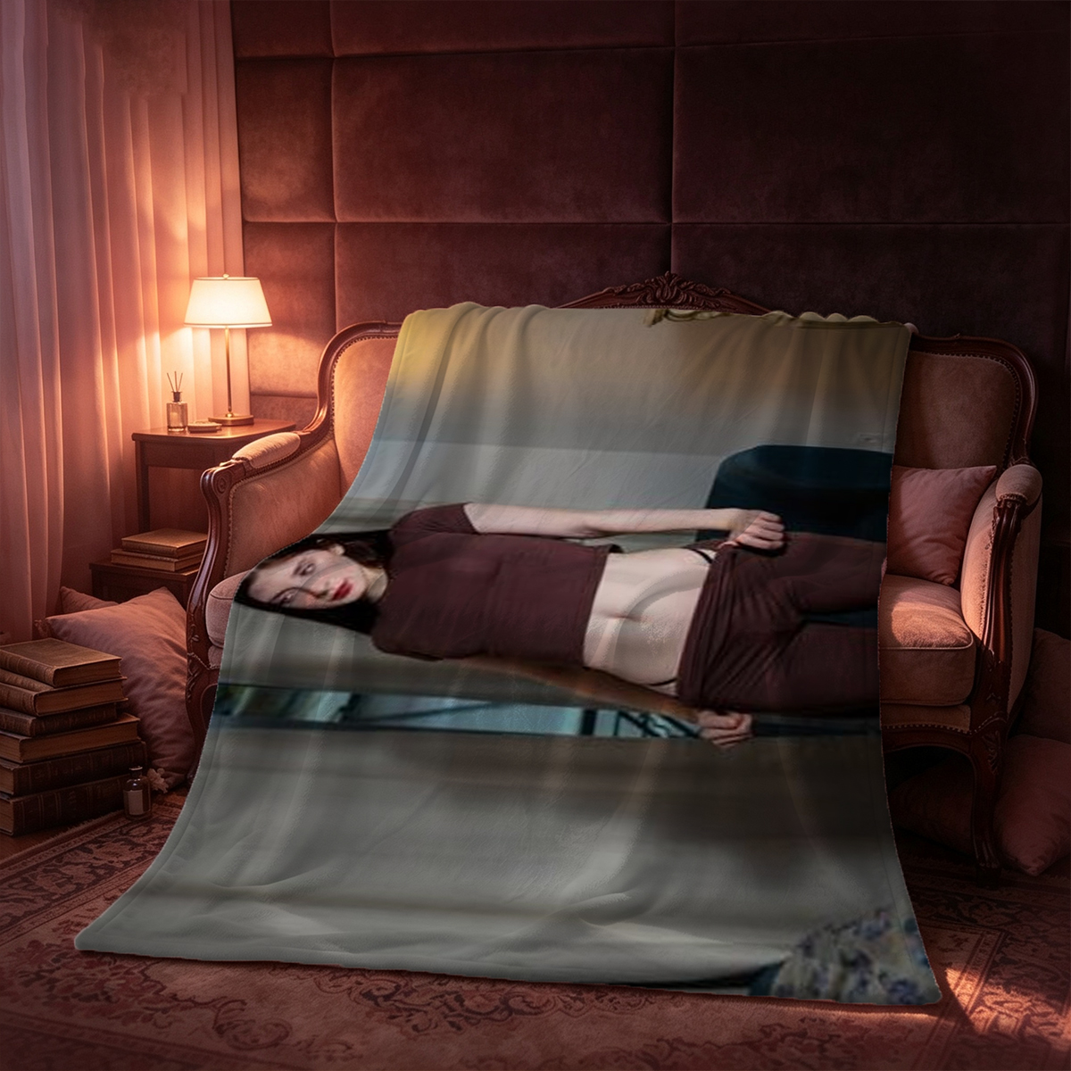 A young Asian woman in black lingerie and sheer pantyhose lying seductively on a bed. - Blanket