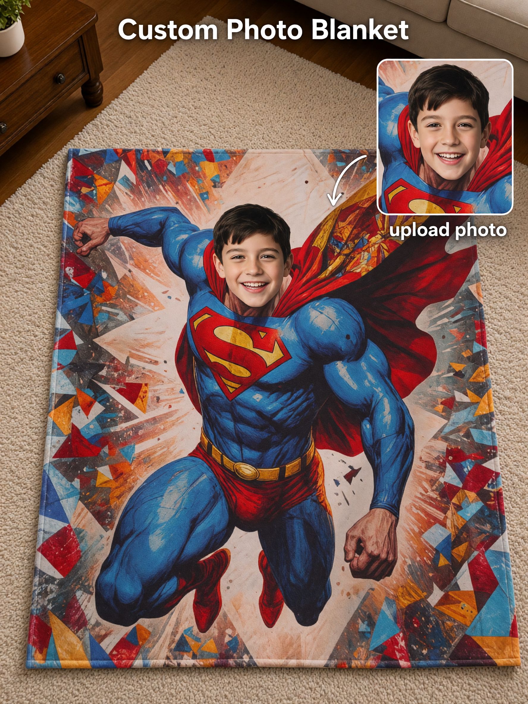 Custom Photo Face Superhero Flannel Blanket Ultra Soft Personalized Hero Throw for Bed Couch and Travel Ideal Unique