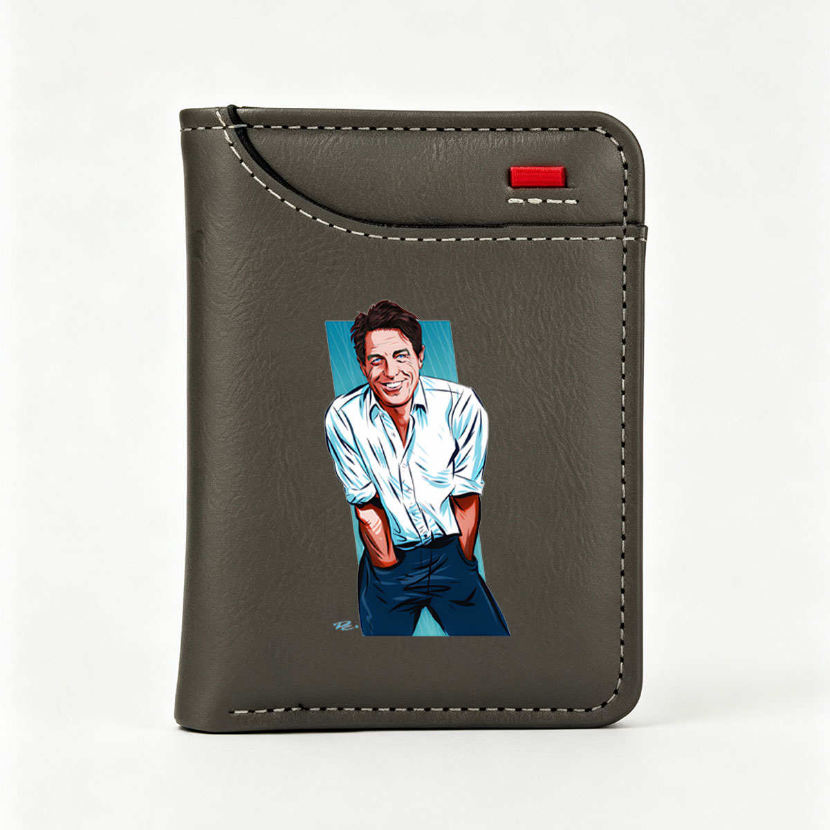 Tom Hanks in a Light Blue Shirt and Dark Pants, Smiling with Hands in Pockets - Vertical Style Wallet