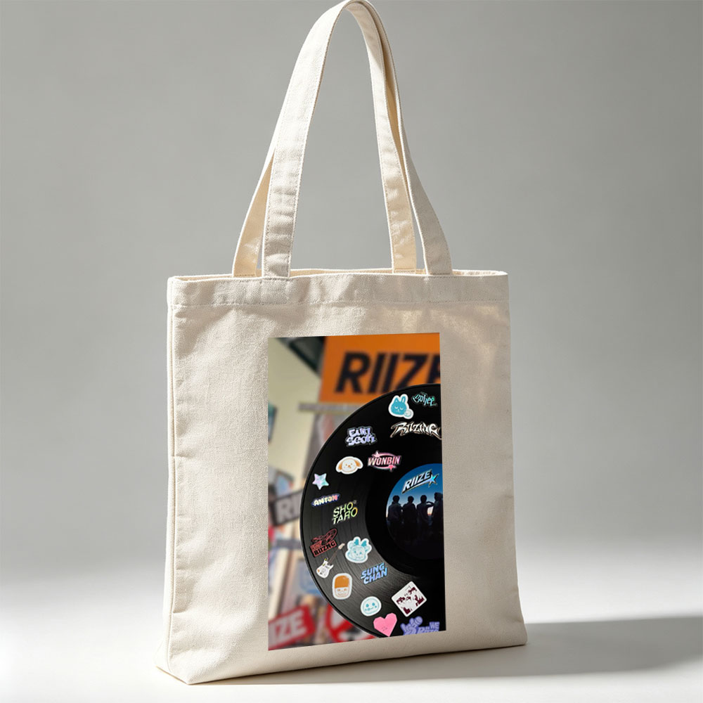 RIIZE Vinyl Record with Member Stickers and Band Logo Displayed in Store Window - Canvas tote bags