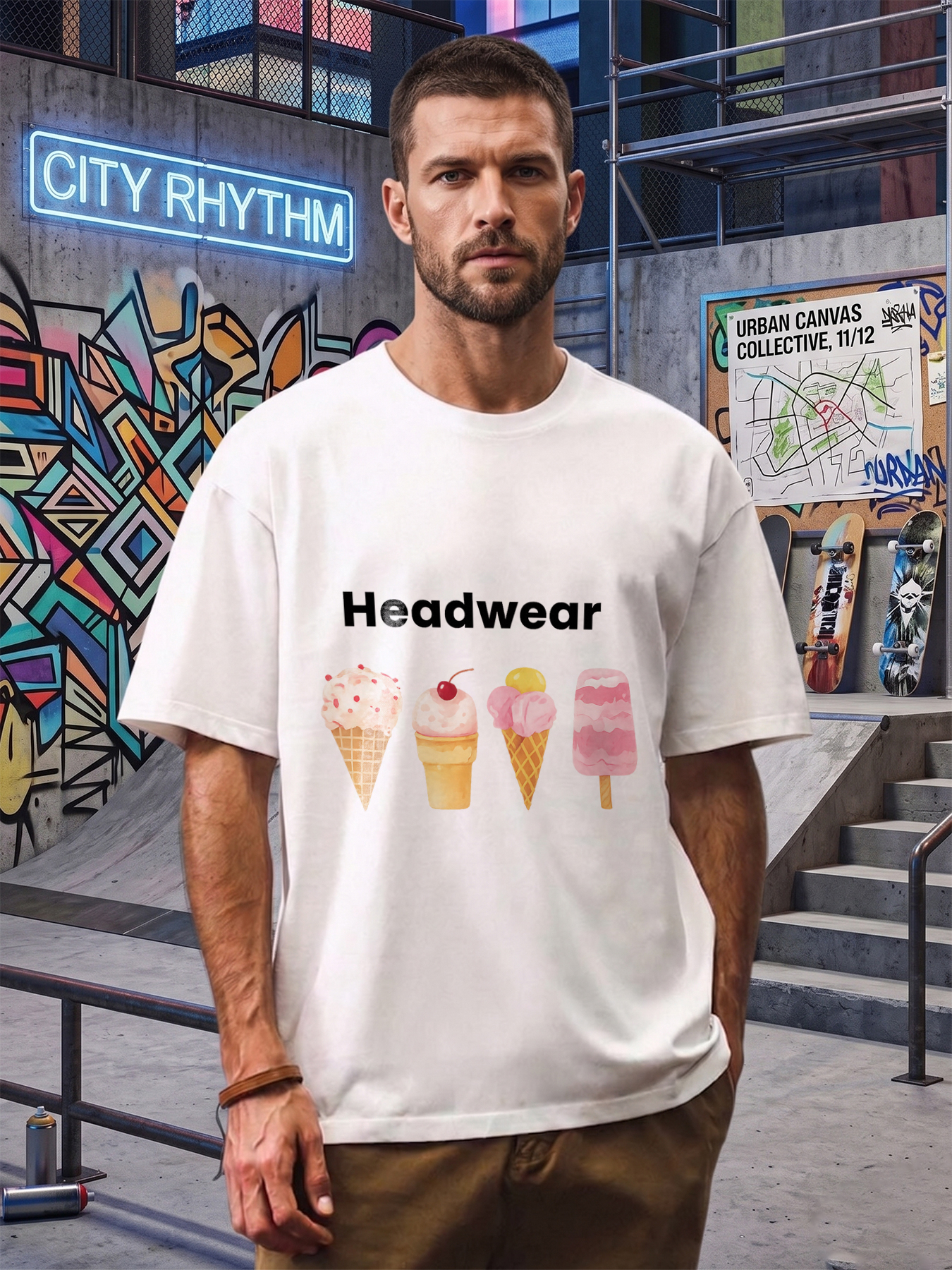 Men's Ice Cream Print T-Shirt Featuring Colorful Cone and Pop Design, Casual Round Neck Lightweight Breathable Summer Short Sleeve Tee for Daily Wear, Beach, Outdoor Activities, Perfect for Young Adults and Trendy Men