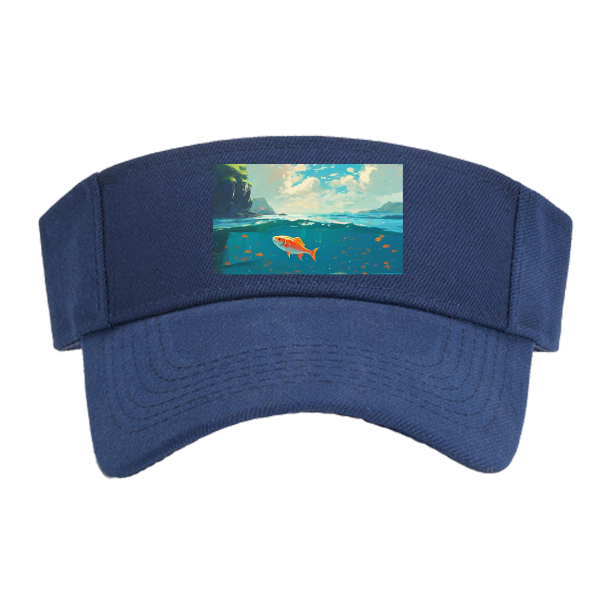A vibrant orange fish swims gracefully in clear blue waters beneath a sunny sky. -  Visor cap
