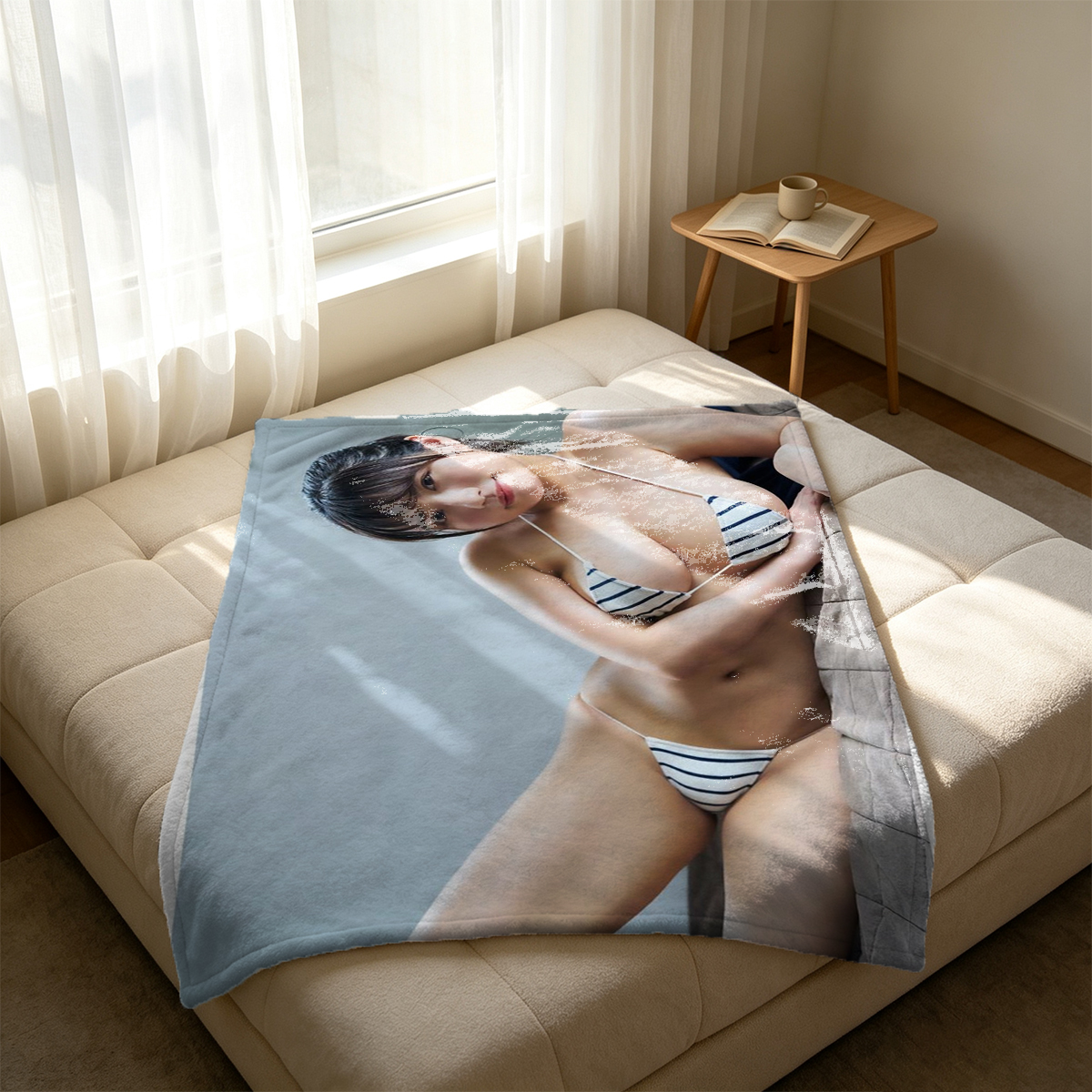 Blonde in white lingerie kneeling on bed by telescope. - Blanket
