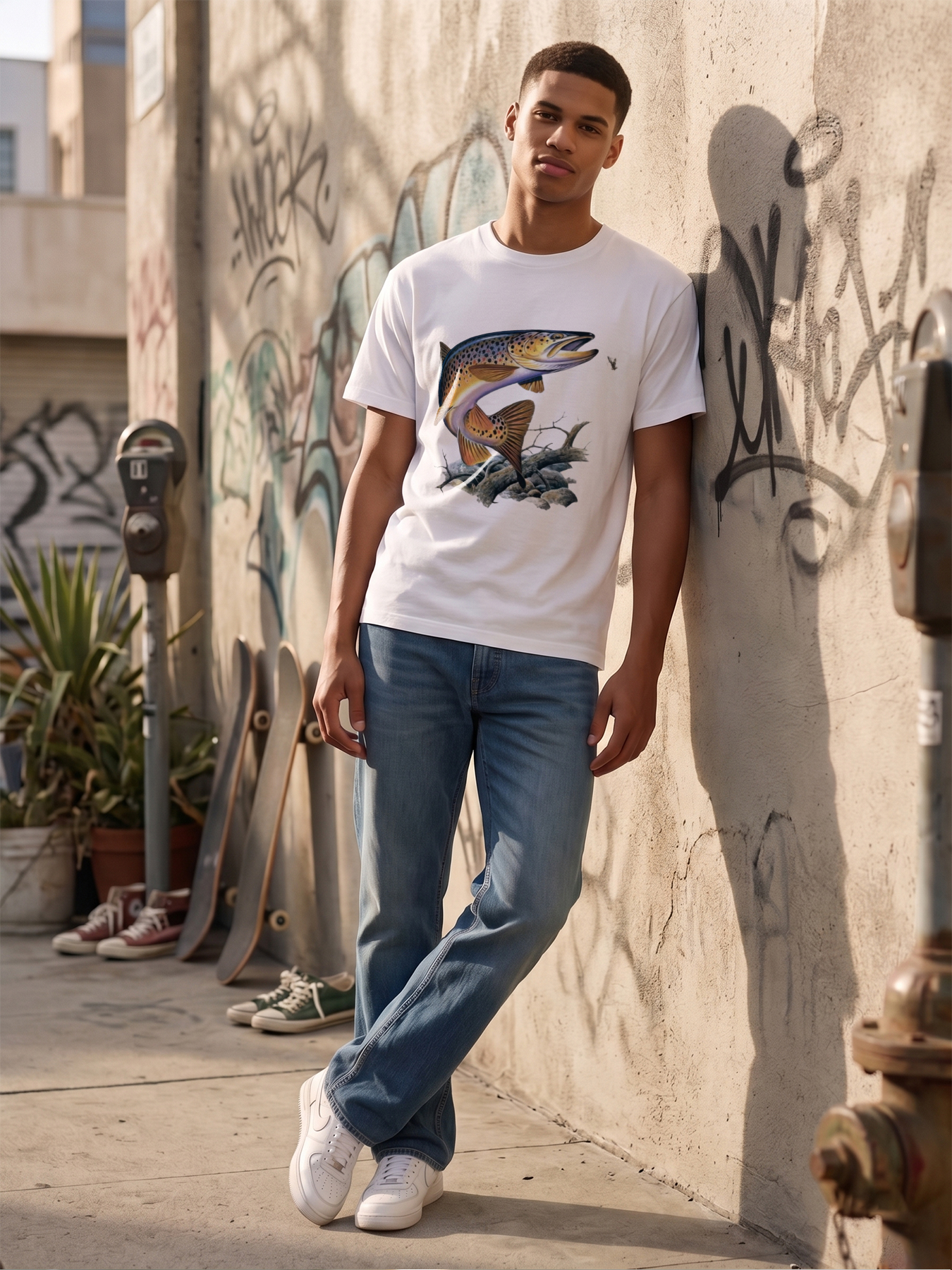 Men's Trout Fishing Print T-Shirt Featuring Realistic Brown Trout Design, Casual Round Neck Lightweight Breathable Summer Short Sleeve Tee for Outdoor Fishing Enthusiasts and Nature Lovers