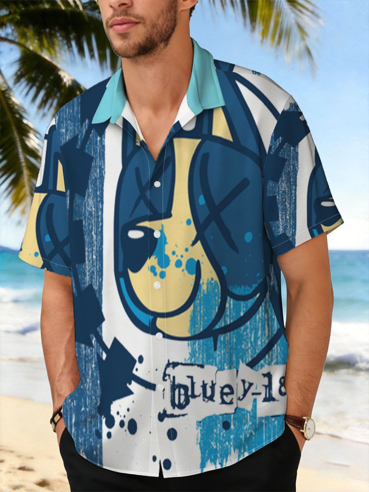 Bluey-182: A stylized blue and yellow cat face with X eyes, arrows, and splatter effects on a textured blue background. -  Shirt