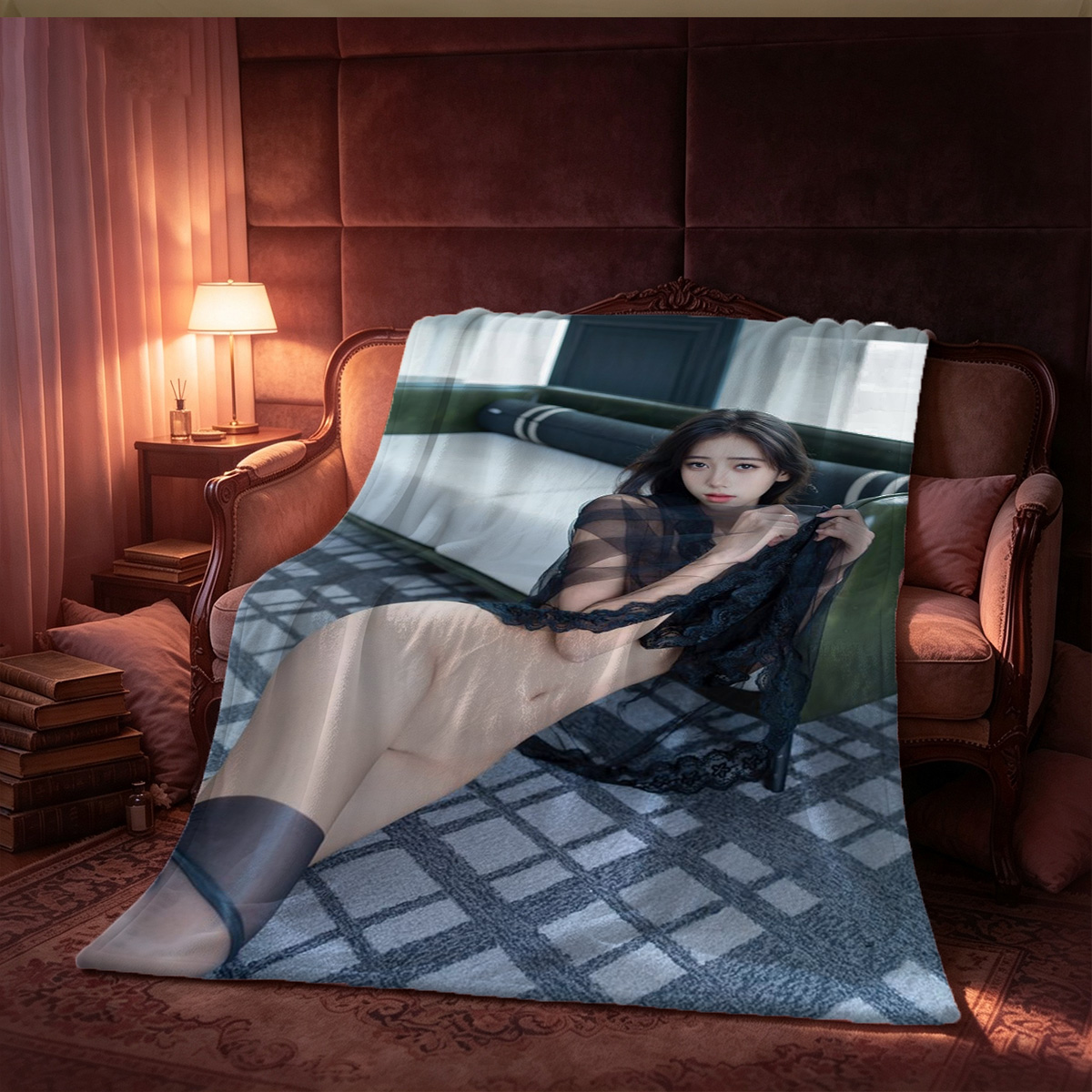 Nude Brunette on Bed Looking Back - Blanket