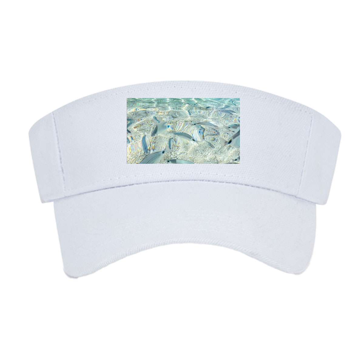 Clear waters reveal schools of fish swimming near a rocky shore with boats in the distance. -  Visor cap