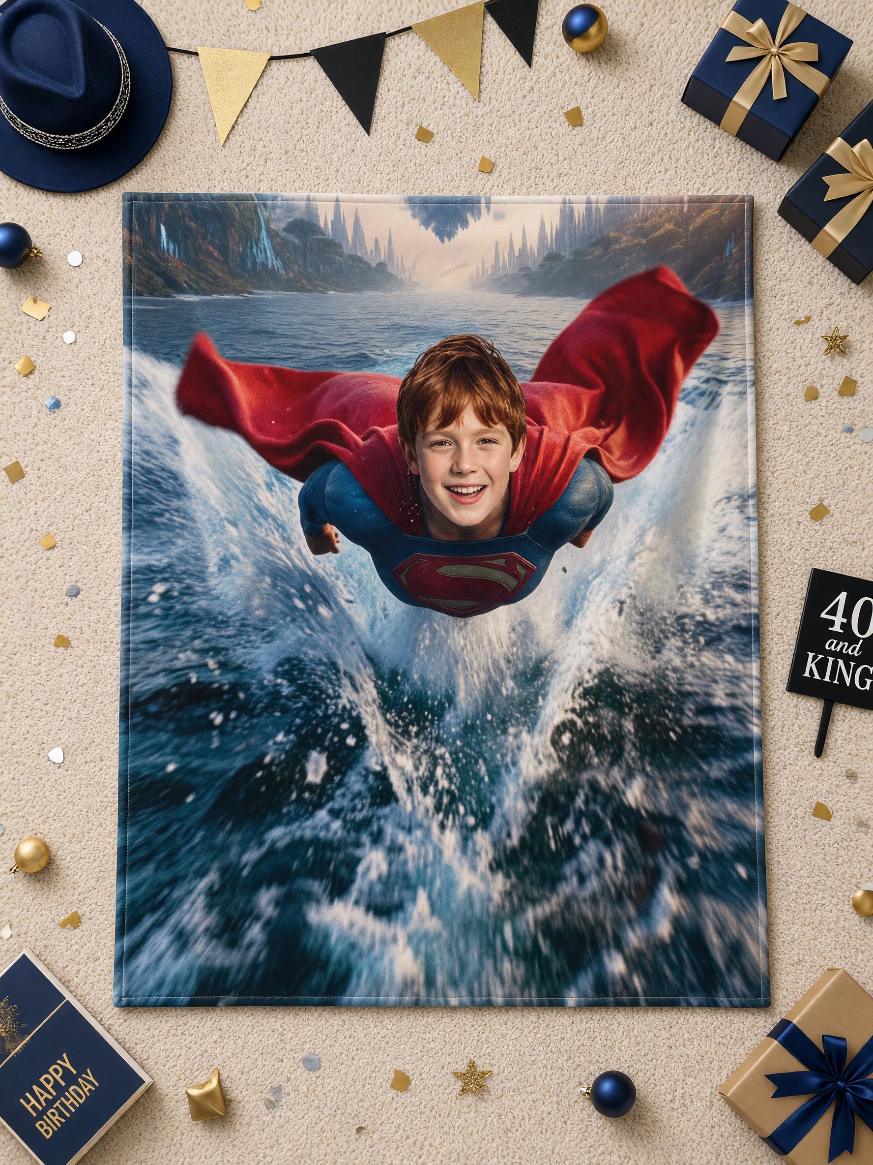 Custom Face Photo Blanket Personalized Superhero Flying Flannel Throw Ideal Birthday Gift for Kids