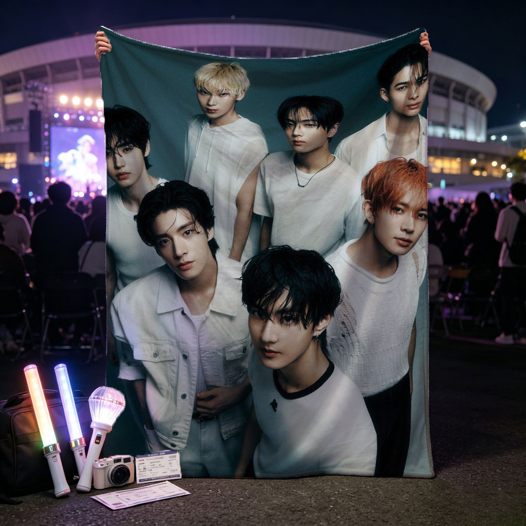 ENHYPEN Group Photo - Seven Members in White Outfits Posed Against Dark Background - Blankets