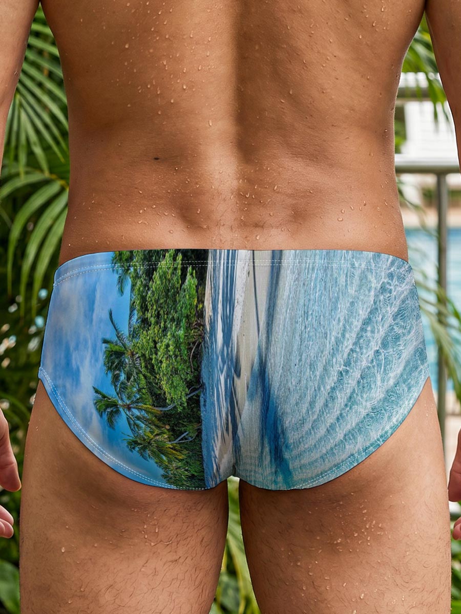 Tropical Beach with Crystal Clear Water and Palm Trees -  Men's swim trunks
