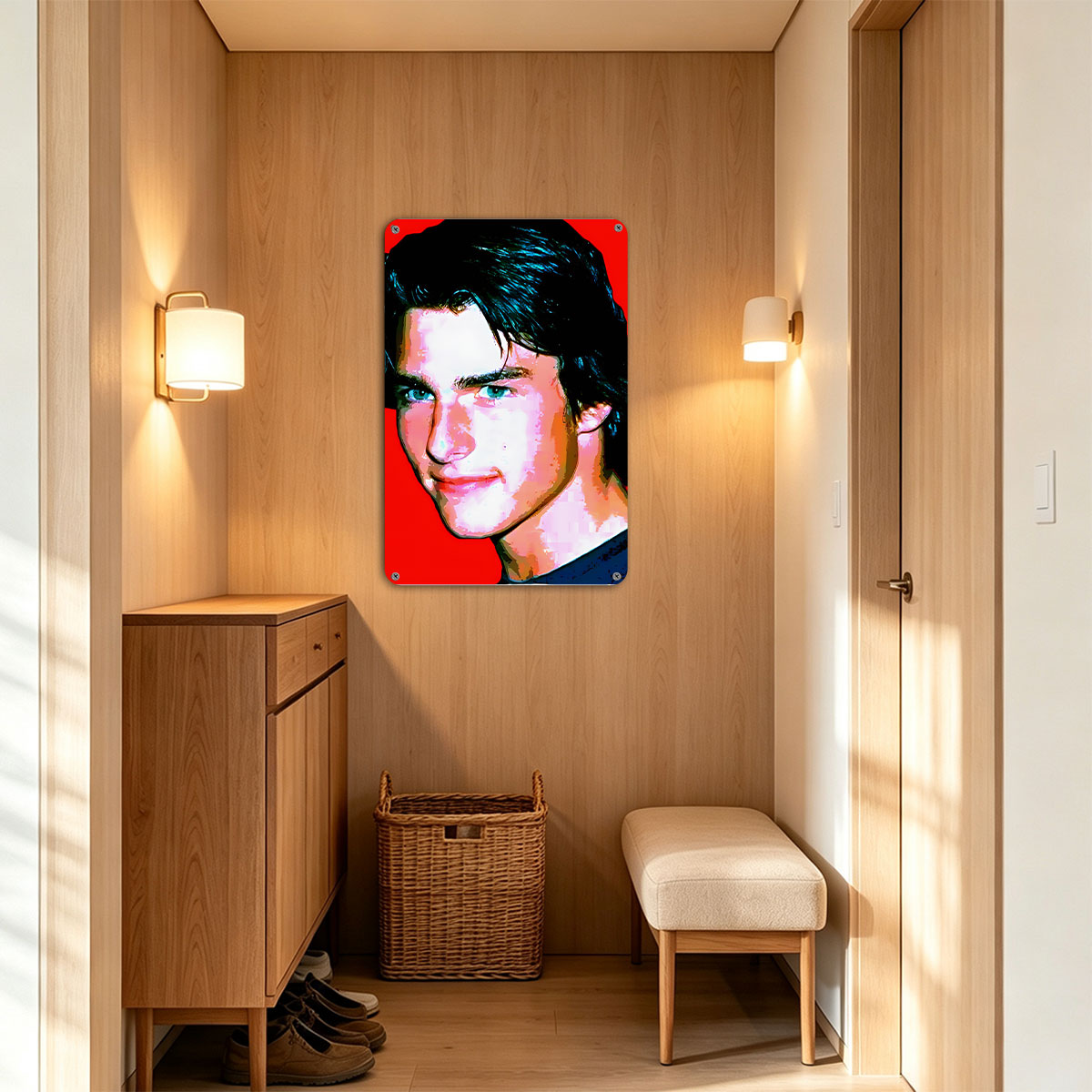 Tom Cruise in a stylized portrait with vibrant red background - painting