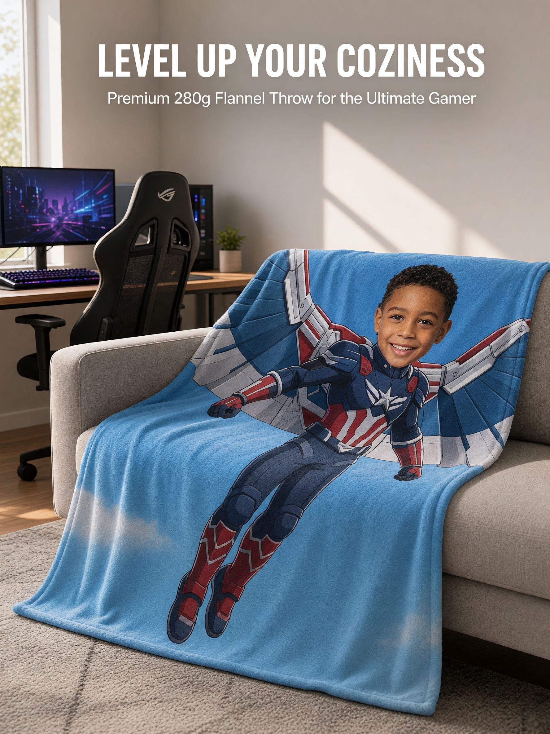 Custom Photo Superhero Flannel Fleece Blanket, Ultra Soft Flying Hero Throw, Personalized Gift for Kids and Family