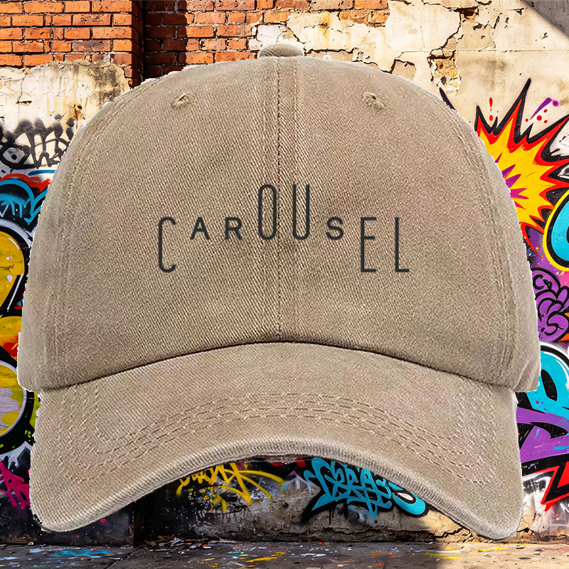 Men's Printed Washed Cap with Carousel Logo Design, Casual Round Brim Summer Lightweight Cotton Hat for Outdoor Activities, Travel, and Daily Wear, Ideal for Urban Style Lovers and Active Adults