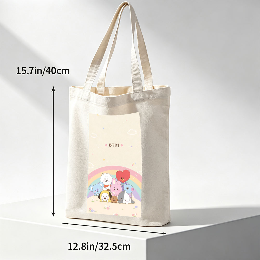 BT21 Characters Gathering Under a Rainbow in a Cute Pastel Scene - Canvas tote bags