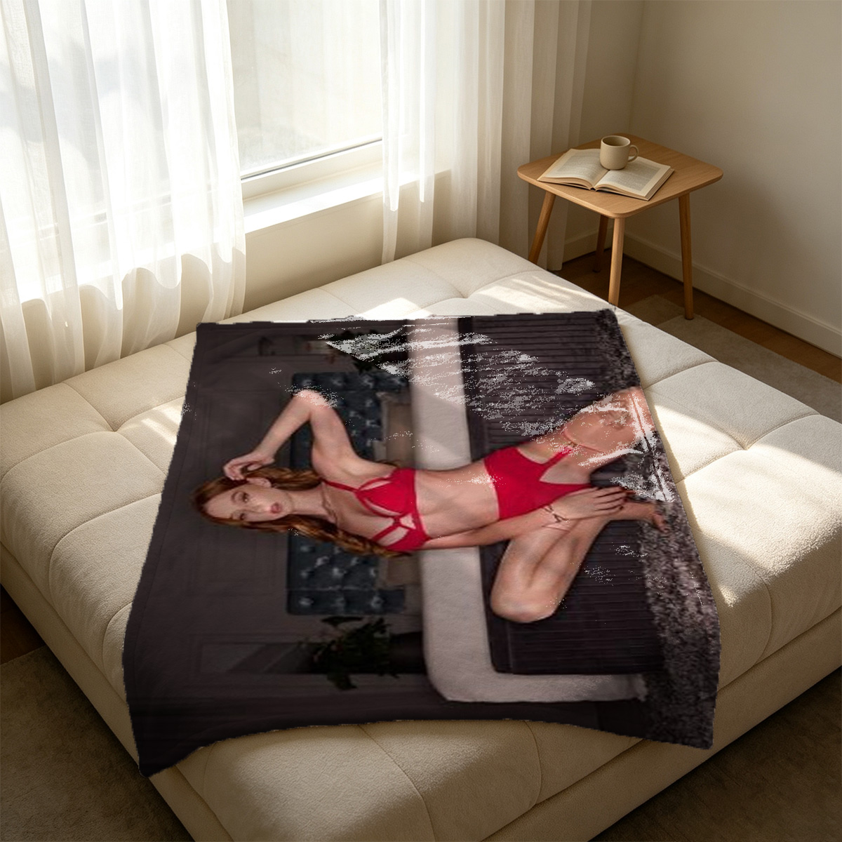 Aubrey Plaza in black lingerie lying on bed. - Blanket