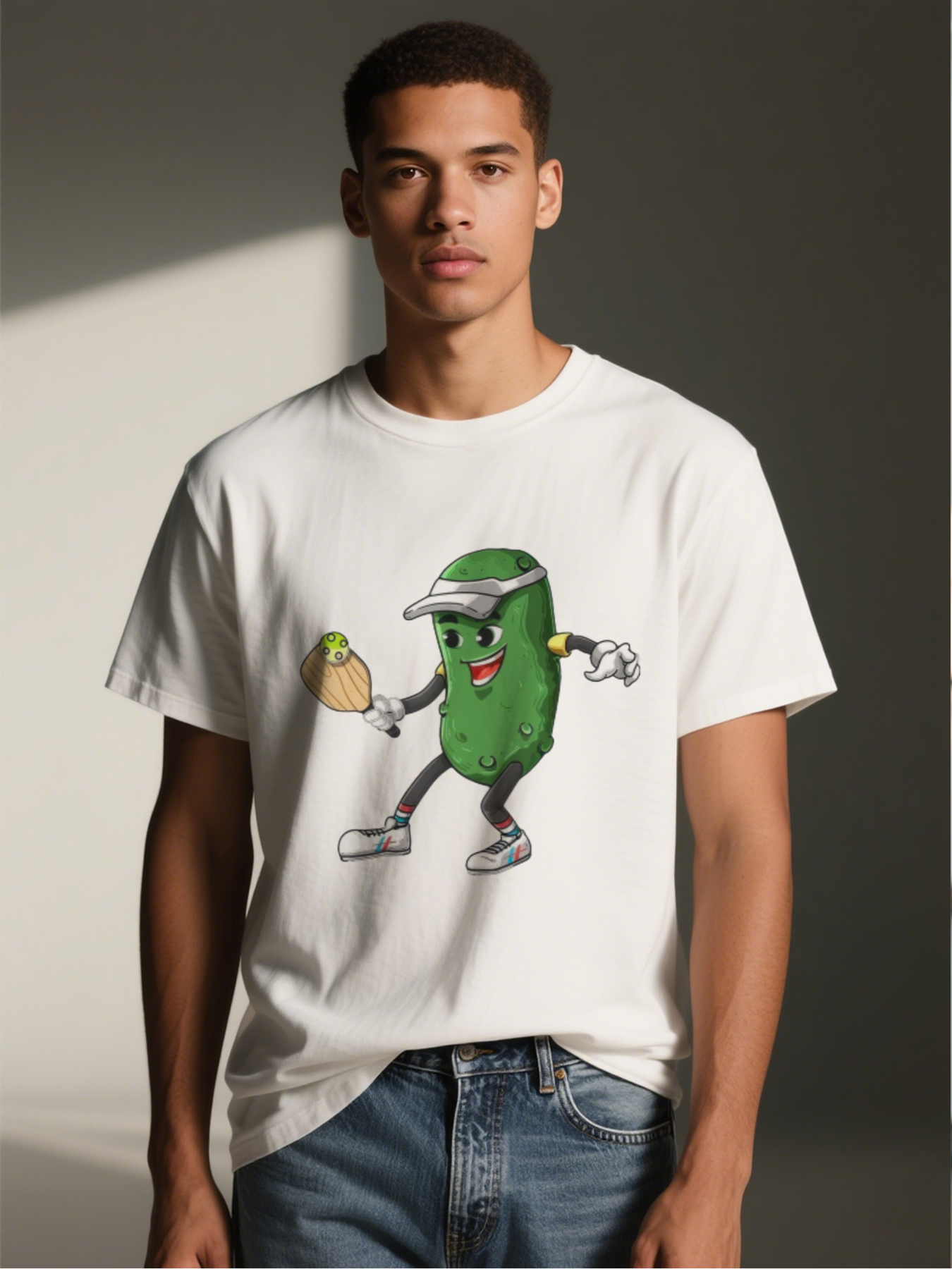 Men's Printed T-Shirt Featuring Funny Pickle Playing Tennis Graphic + Casual Round Neck Summer Lightweight Breathable Short Sleeve Tee for Outdoor Activities, Sports Fans, and Humor Lovers