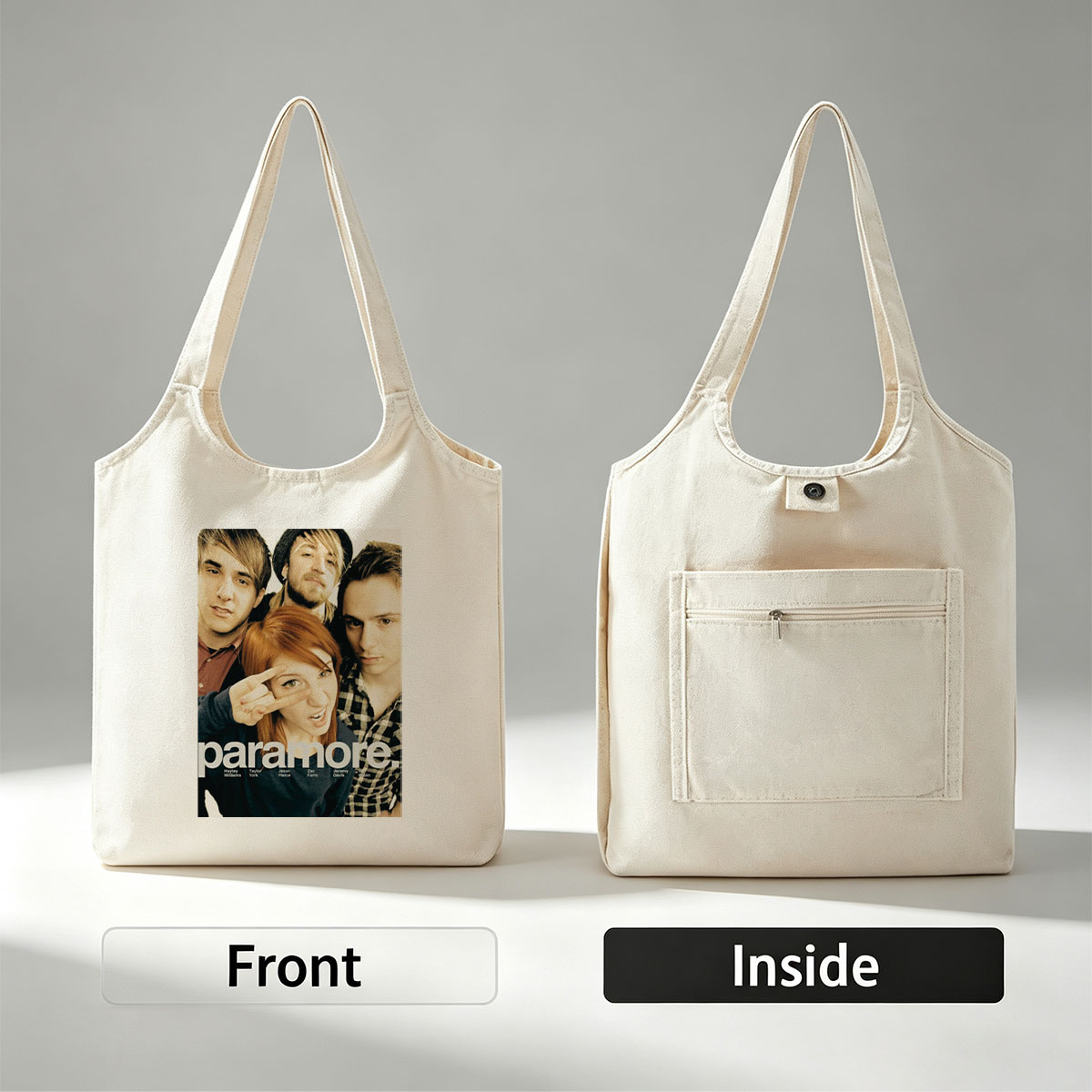 Paramore Band Members in Close-Up Group Photo with Hayley Williams Making a Peace Sign - Canvas shoulder bags/