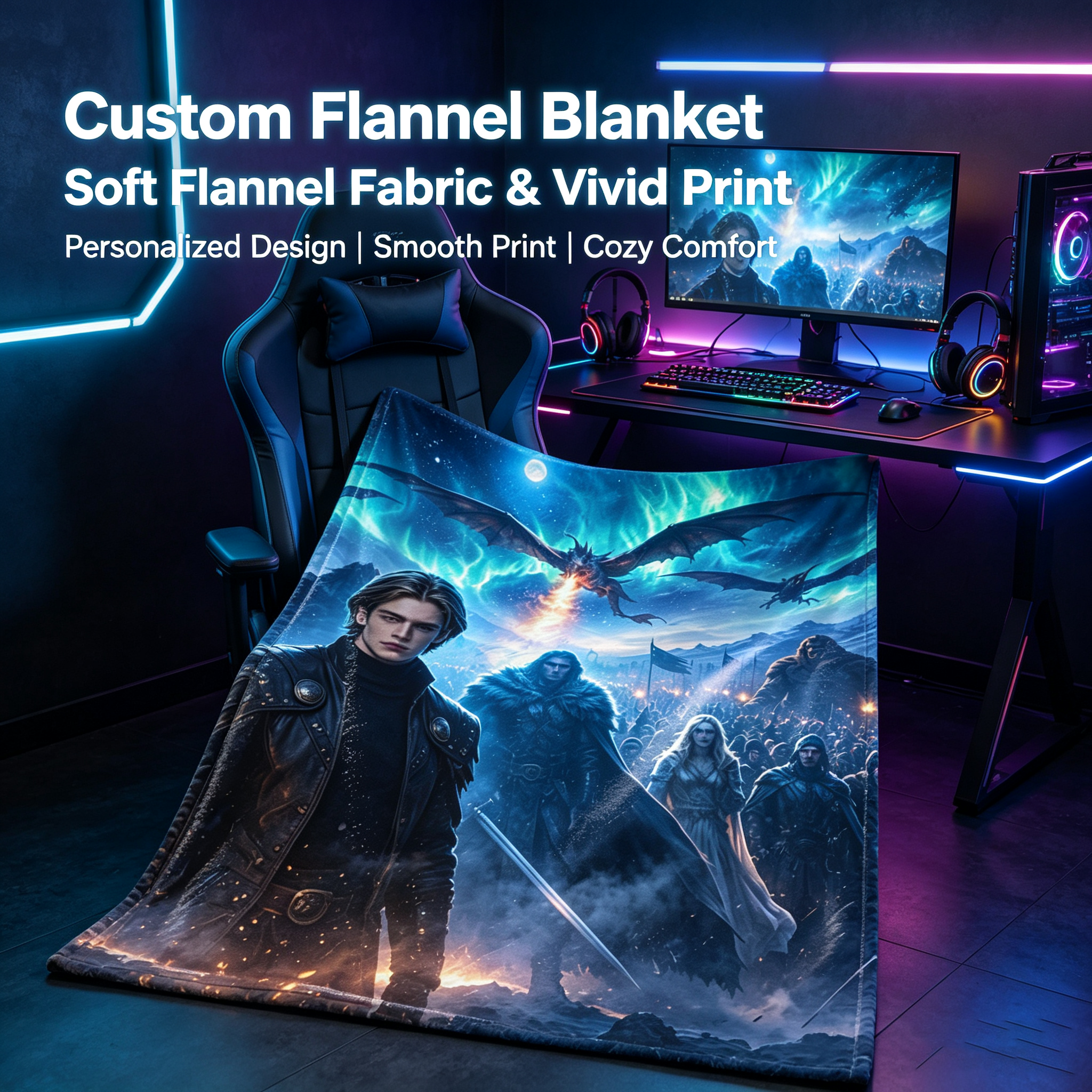 Custom Face Blanket - Epic Fantasy Warrior with Dragon Sky Scene Flannel Blanket - Cozy Bedroom Decor for Fans of Fantasy Art - Perfect Gift or Giveaway for Sci-Fi and Fantasy Enthusiasts