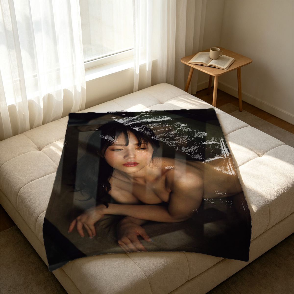 A woman in a pink floral lingerie set posing seductively in front of an ornate mirror. - Blanket