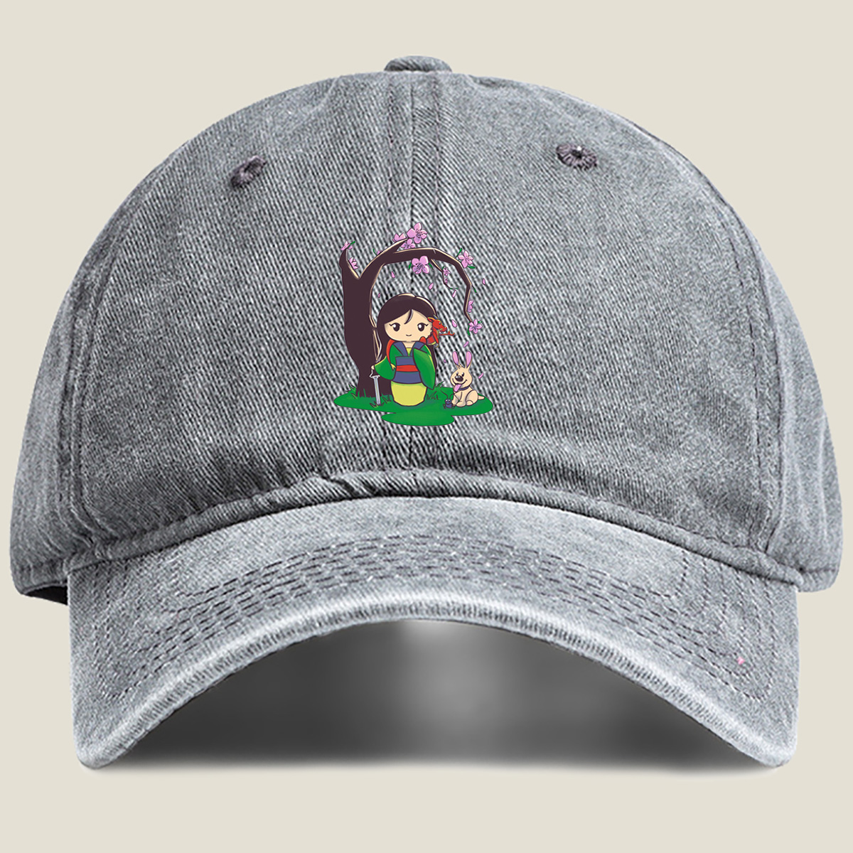 Mulan with Mushu and Cri-Kee Under Cherry Blossom Tree - Washed Denim - Baseball Cap