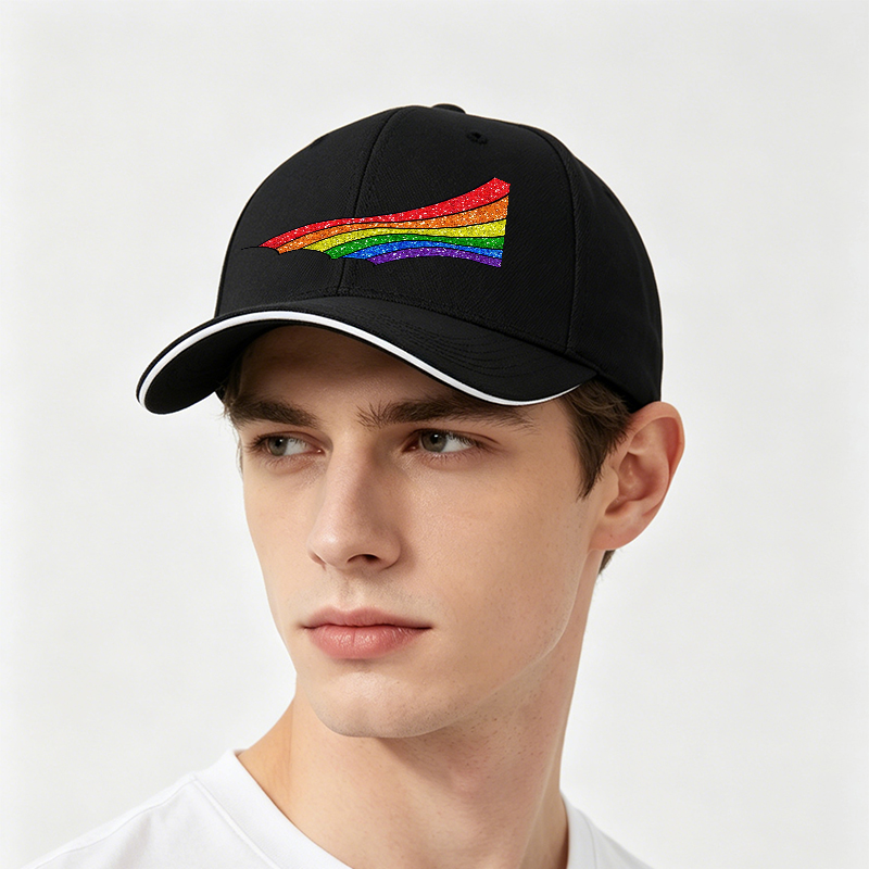 Unisex Classic Sandwich Hat with Glitter Rainbow Print Design | Lightweight Sun Protection Cap for Outdoor Activities, Beach, Travel, and Pride Events | Suitable for Adults Seeking Stylish and Comfortable Headwear