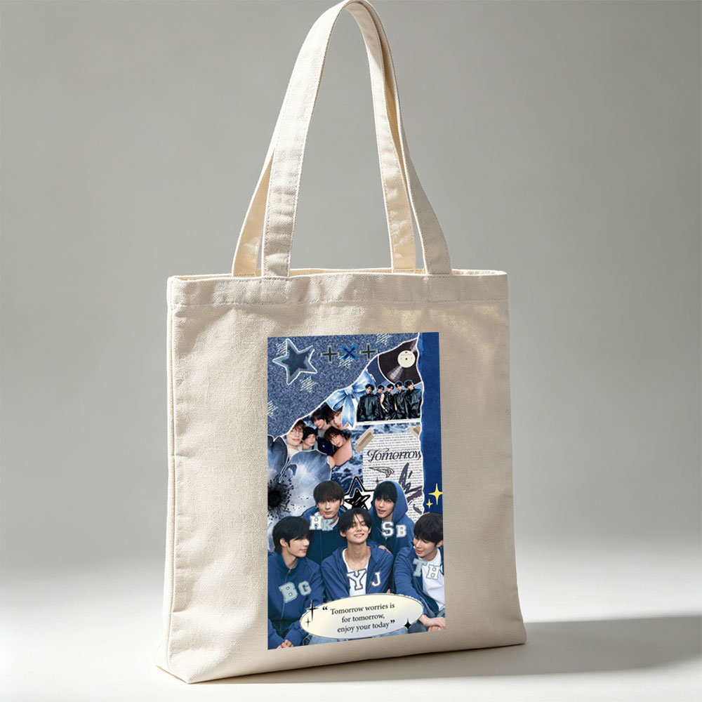Tomorrow X Together Group Photo Collage with Blue Theme and Inspirational Quote - Canvas tote bags