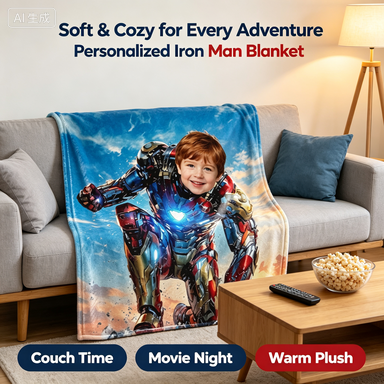 Customized Superhero Iron Man Flannel Throw Blanket With Kid Photo, Personalized Upload Picture Blanket, Birthday Xmas Present for Little Boys Bedroom Sofa Travel