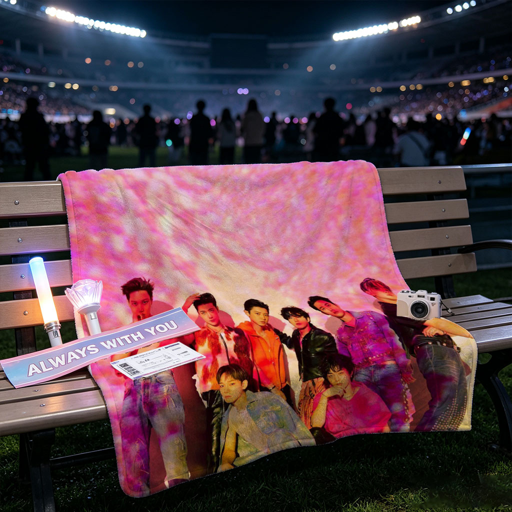 SEVENTEEN in a vibrant pink-lit scene with dynamic poses and colorful outfits - Blankets