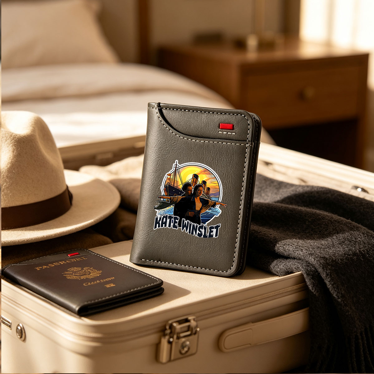 Kate Winslet as Rose in Titanic with Leonardo DiCaprio, iconic ship scene at sunset - Vertical Style Wallet