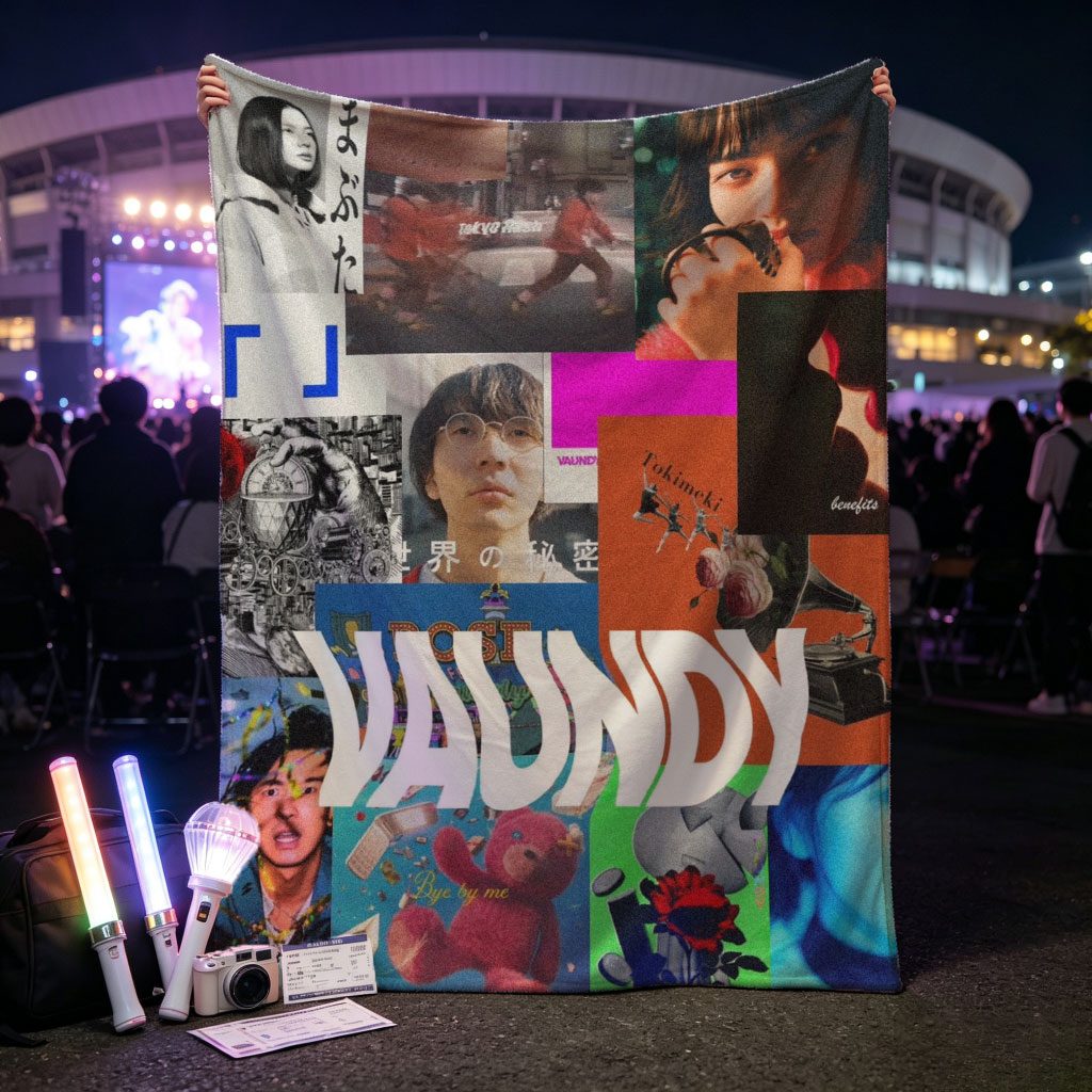 VAUNDY in a vibrant collage of artistic scenes featuring expressive faces, colorful imagery, and dynamic visuals - Blankets