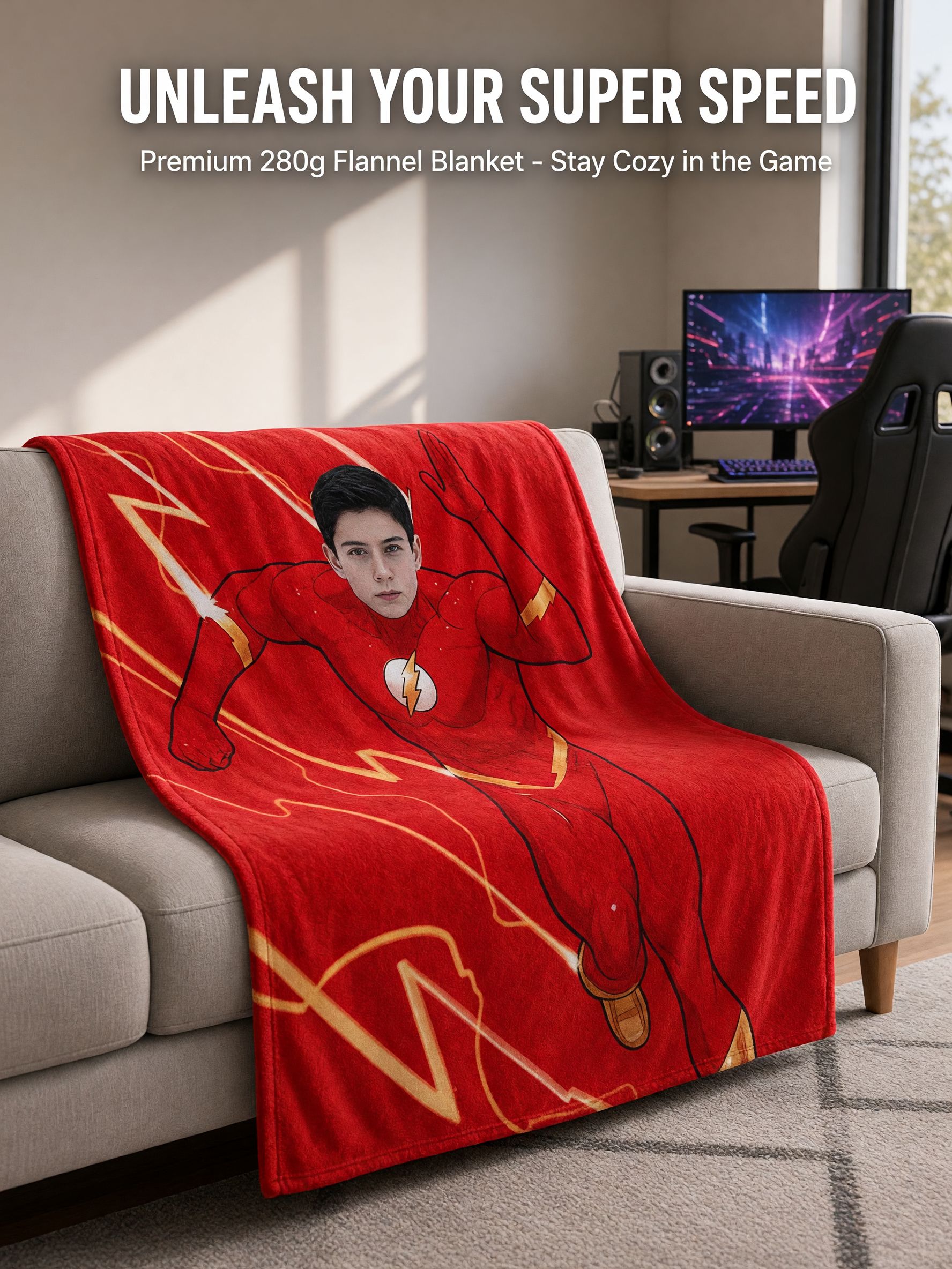 Custom Photo Face Superhero Flannel Throw Blanket Personalized Soft Plush Bed Sofa Fleece Blanket Unique Gift