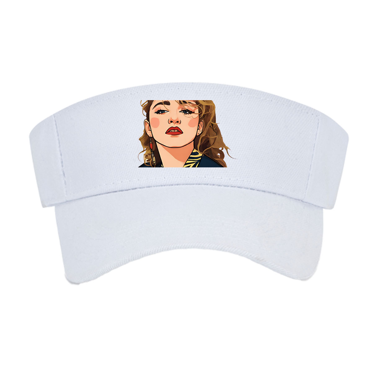 Portrait of a Woman with Blonde Hair and Blue Bow, Wearing a Navy Blue Top with Yellow Patterns -  Visor cap