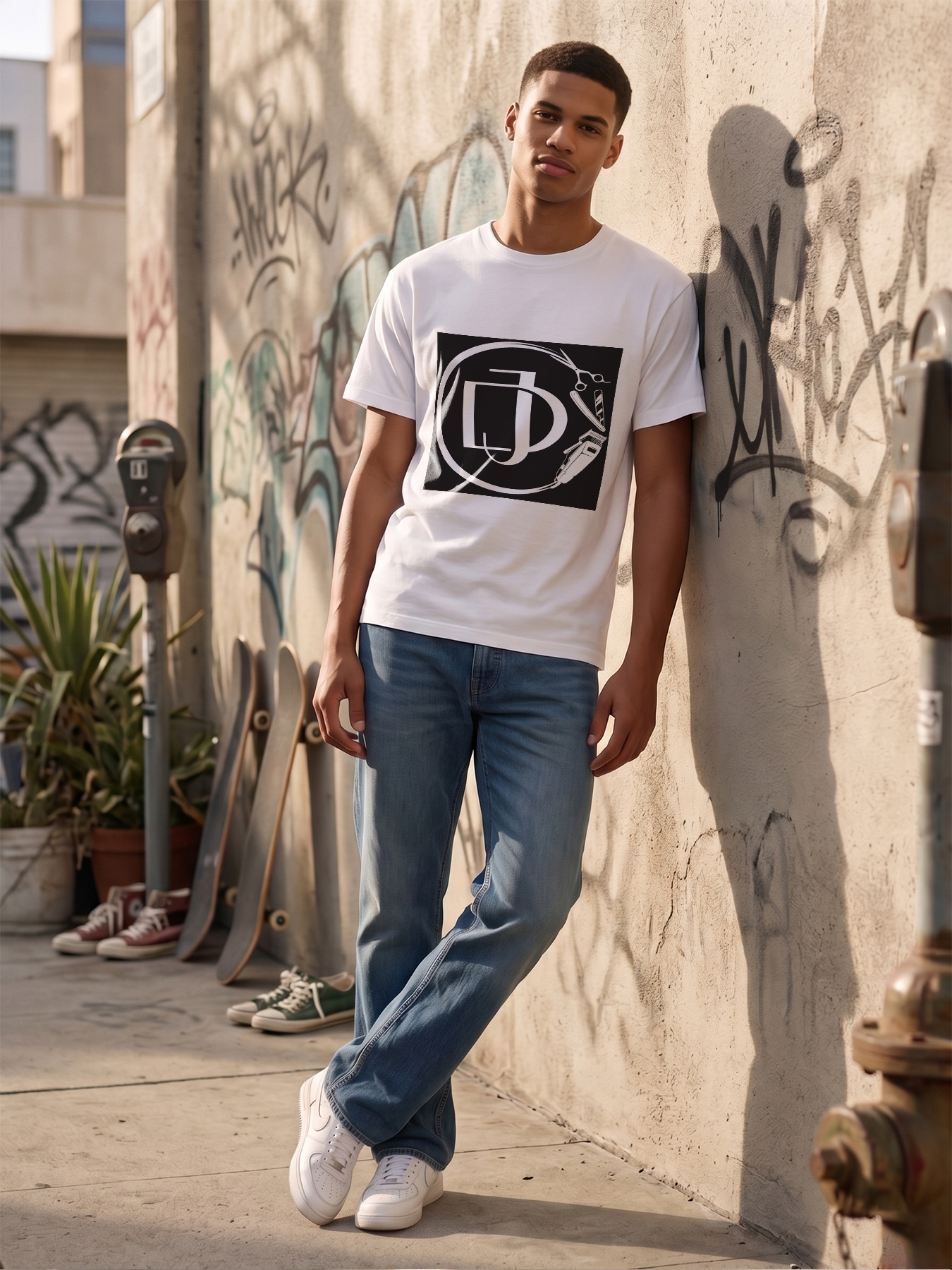 Men's Printed T-Shirt with Barber Tools and Monogram Design, Casual Round Neck Summer Lightweight Breathable Short Sleeve Tee for Barbershop Enthusiasts and Hair Styling Professionals