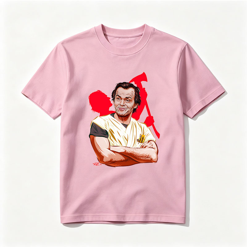 Jack Nicholson as the Joker, iconic villain from Batman, depicted in a stylized caricature with a menacing grin and chaotic red background. - Tee