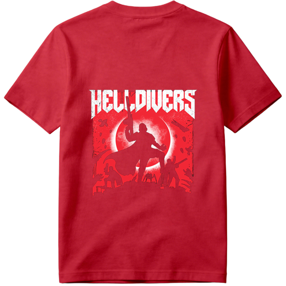 Helldivers: Silhouetted Warriors Against a Crimson Sky - Tee
