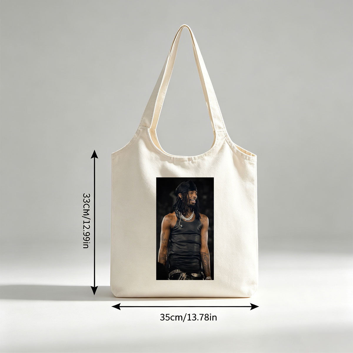 Lil Wayne on Stage Wearing Black Leather Tank Top and Headwrap with Visible Tattoos and Jewelry - Canvas shoulder bags/