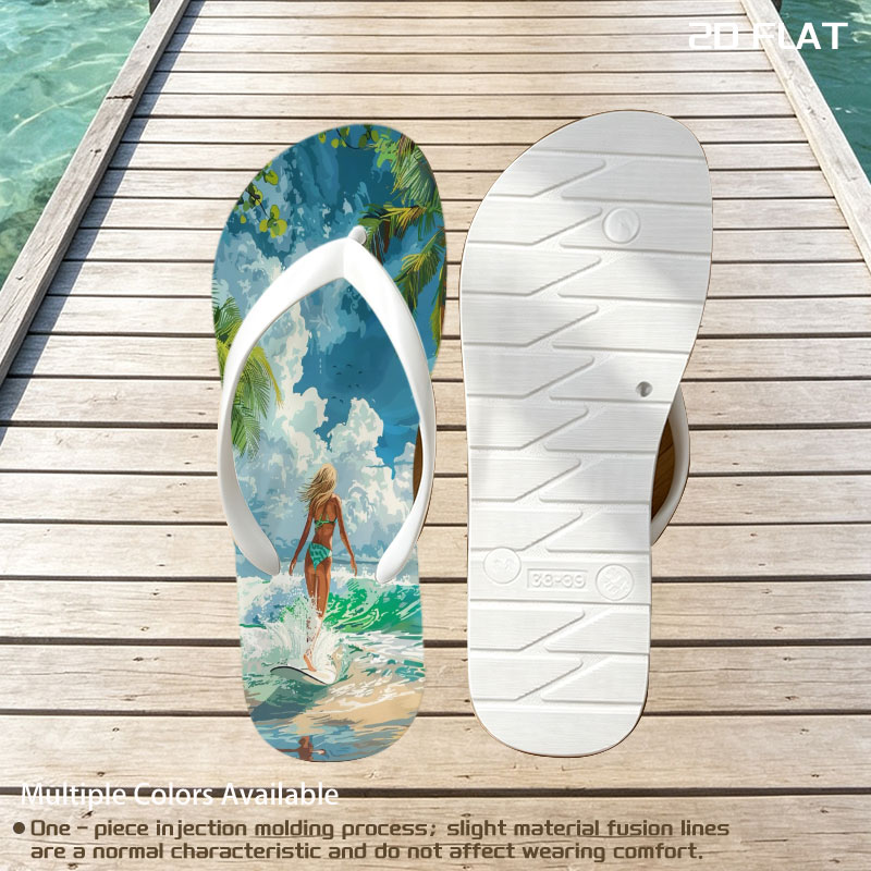 Woman surfing on tropical beach with palm trees and blue sky -  flip-flops