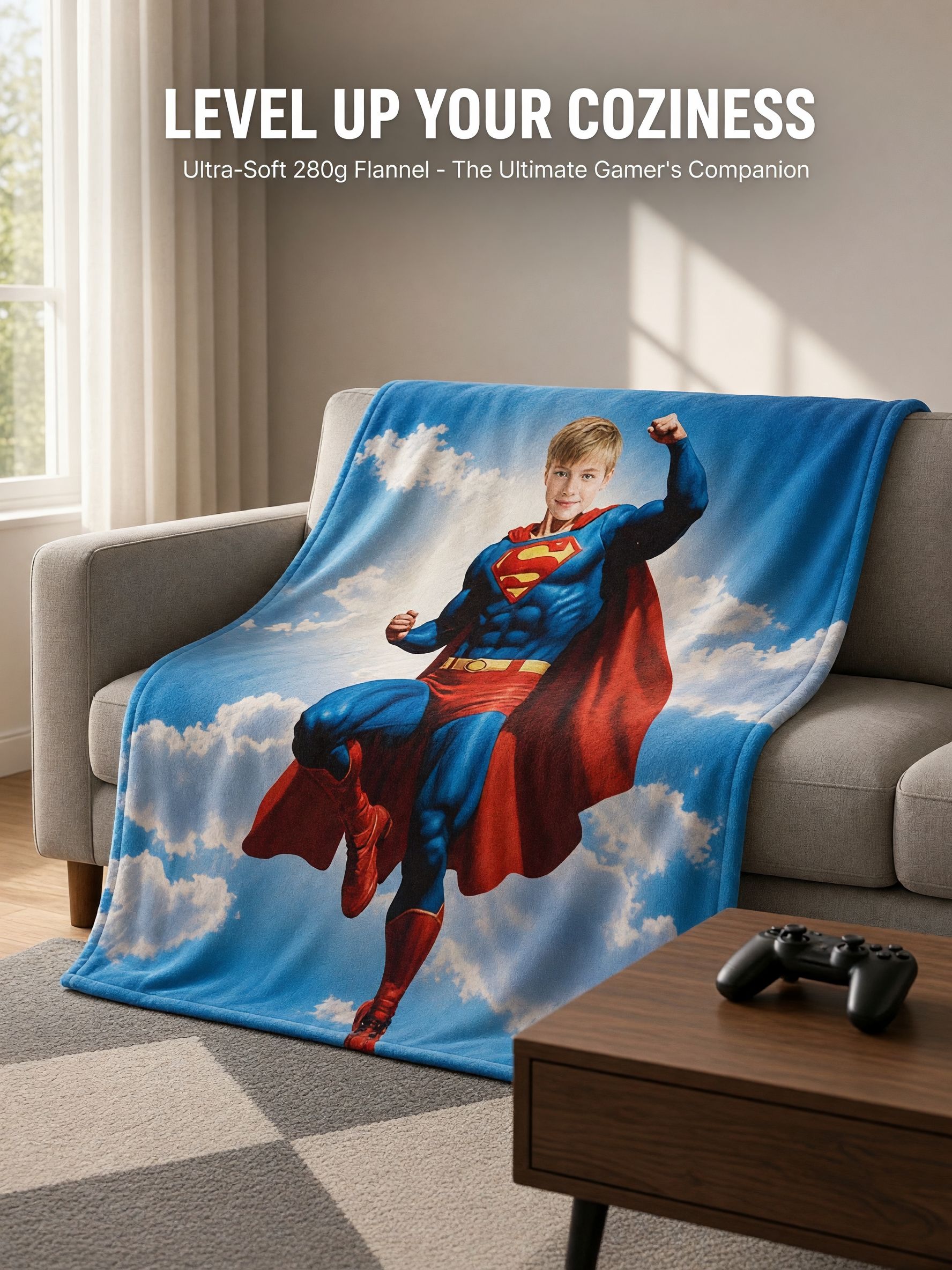 Custom Superhero Photo Flannel Blanket, Ultra Soft Personalized Face Throw, Ideal Cozy Gift