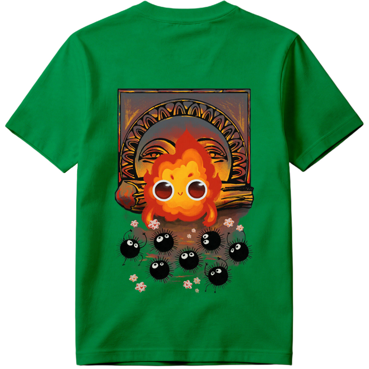 Cute Flame Character with Black Spiky Creatures and Ancient Mask Background - Tee