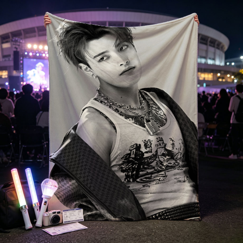 Dino from SEVENTEEN in a stylish black and white portrait wearing a graphic tank top and layered accessories. - Blankets