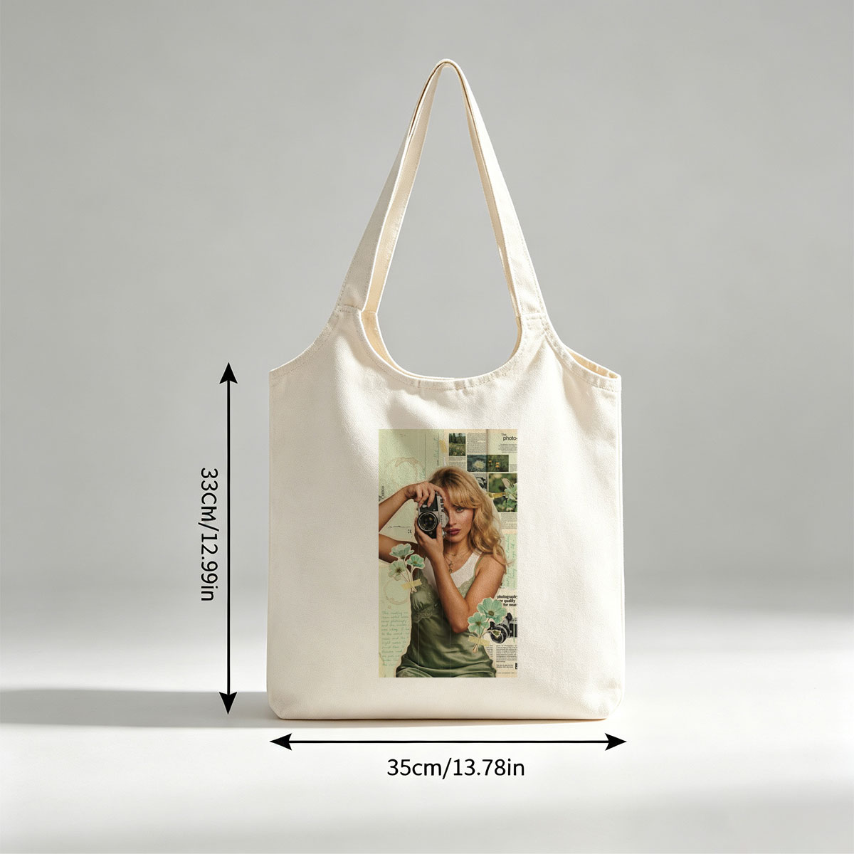 Margot Robbie Holding a Vintage Camera in a Collage-Style Portrait with Floral Elements and Photography Text Background - Canvas shoulder bags/