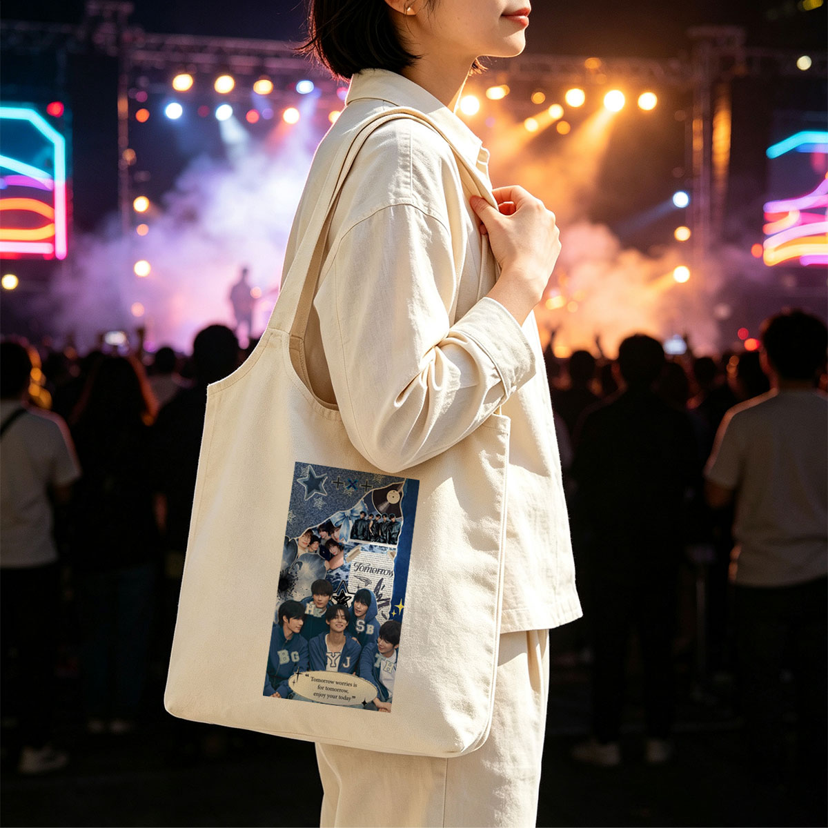 Tomorrow X Together Group Photo Collage with Blue Theme and Inspirational Quote - Canvas shoulder bags/