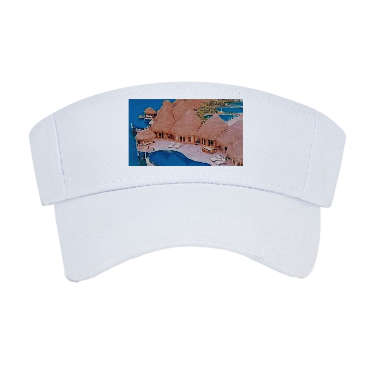 Overwater bungalows with private pools on a tropical island, surrounded by crystal blue waters and lush greenery. -  Visor cap