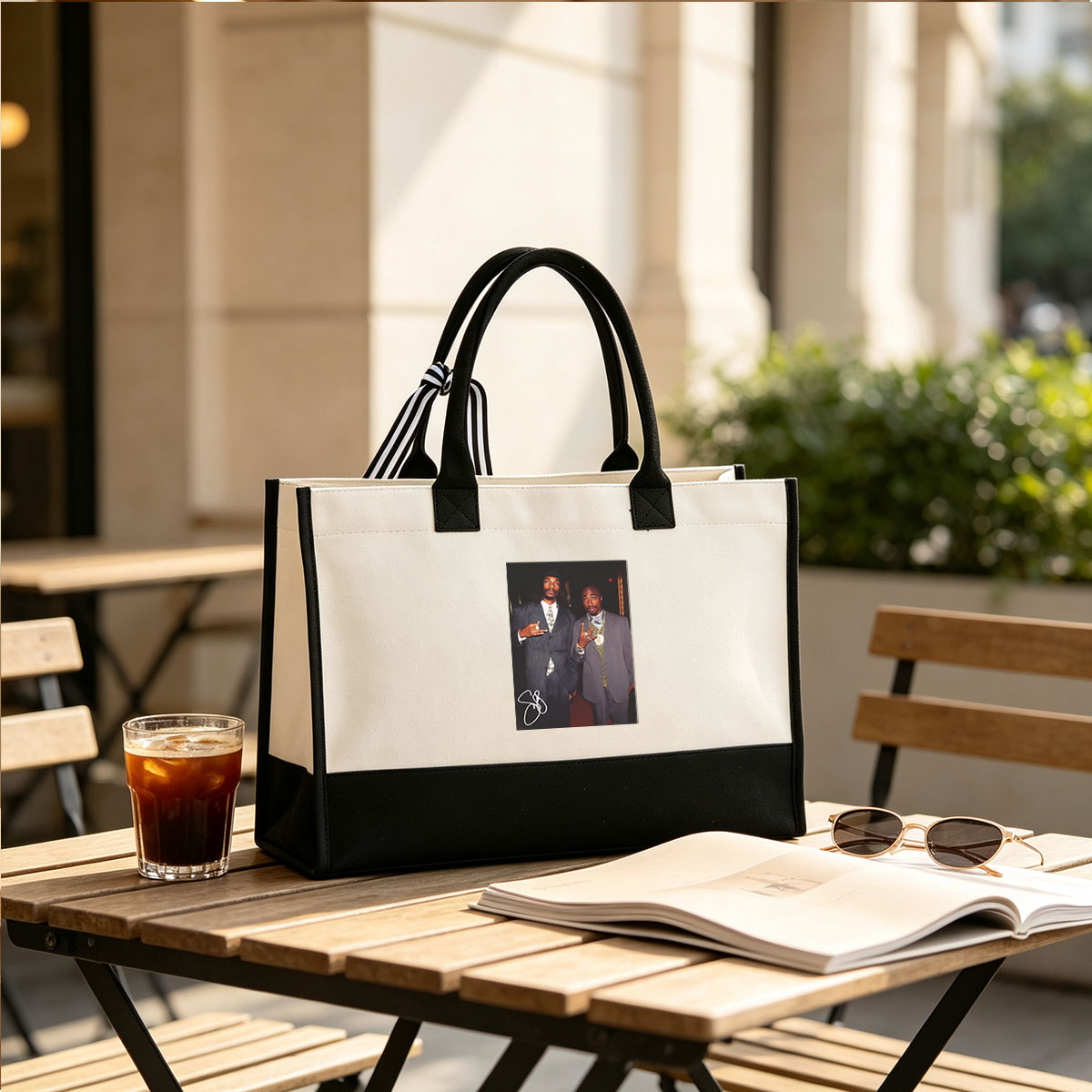 Snoop Dogg and 2Pac in stylish suits, posing with hand gestures at a formal event. - Canvas patchwork gift tote bag