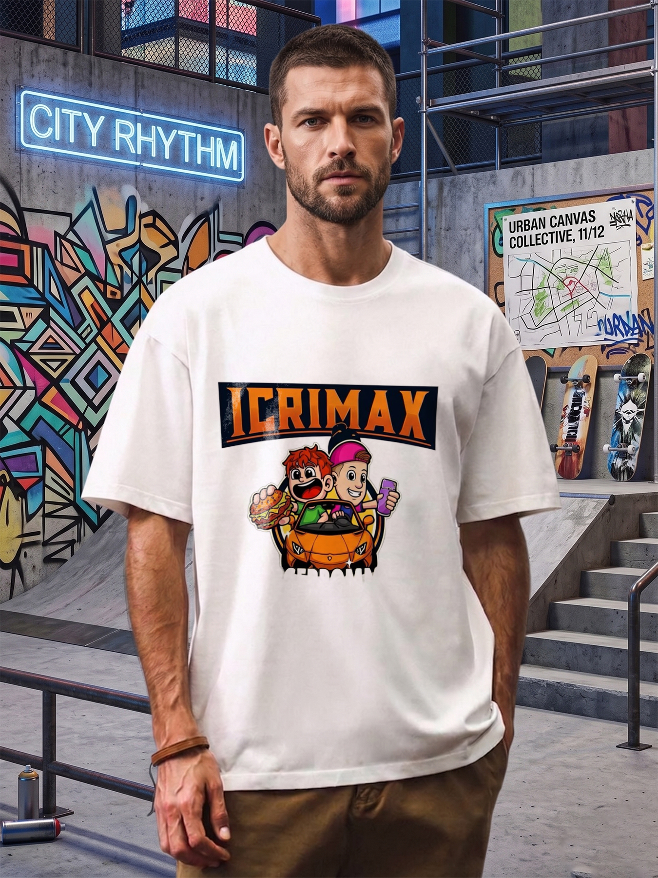 Men's ICRIMAX Cartoon Car Burger Print T-Shirt Casual Round Neck Summer Lightweight Breathable Short Sleeve Tee for Gaming Fans and Streetwear Enthusiasts